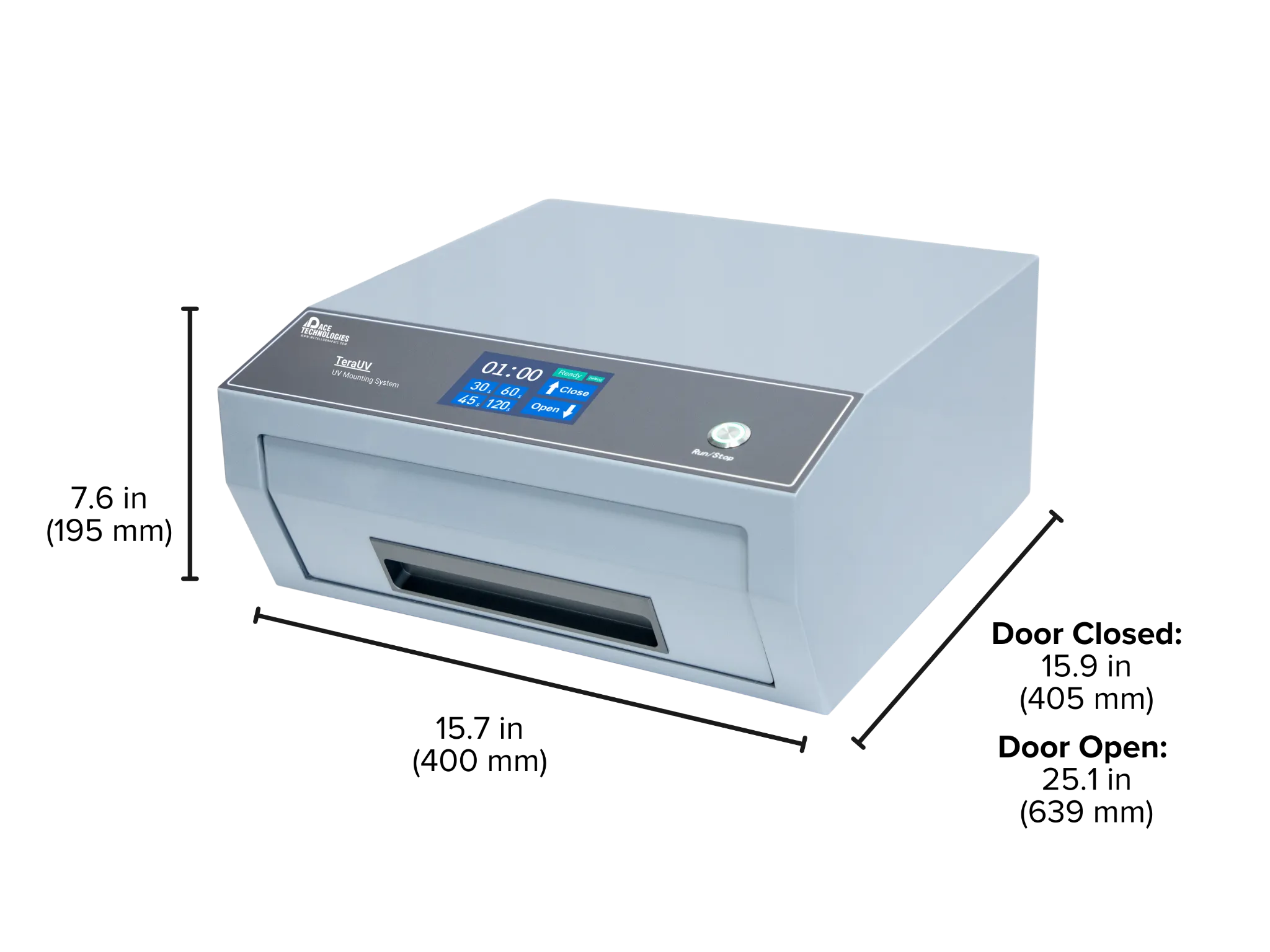 Image of the TeraUV highlighting key dimensions such as width, depth, and length